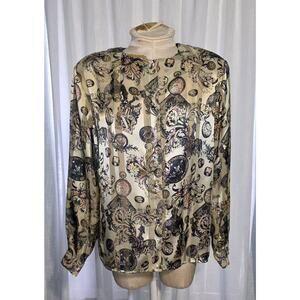 MARTINIQUE Blouse Semi Sheer Medieval KNIGHTS long sleeve Watches Clocks Size 8